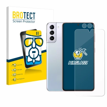 Front side of a product packaging with the brand logo BROTECT. Next to it is the device Samsung Galaxy S21 (Front+Camera) show