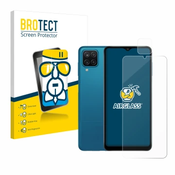 Front side of a product packaging with the brand logo BROTECT. Next to it is the device Samsung Galaxy A12 (Front+Camera) show