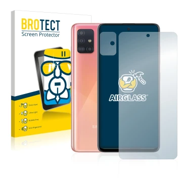 Front side of a product packaging with the brand logo BROTECT. Next to it is the device Samsung Galaxy A51 (Front+Camera) show