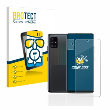 Front side of a product packaging with the brand logo BROTECT. Next to it is the device Samsung Galaxy A51 5G (Front+Camera) s