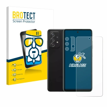 Front side of a product packaging with the brand logo BROTECT. Next to it is the device Samsung Galaxy A52 (Front+Camera) show