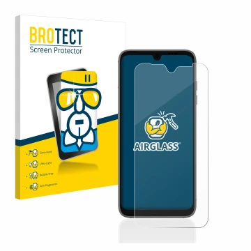 Front side of a product packaging with the brand logo BROTECT. Next to it is the device Fairphone 4 shown with the correspondi