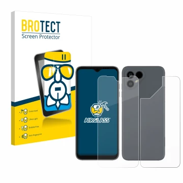 Front side of a product packaging with the brand logo BROTECT. Next to it is the device Fairphone 4 (Front+Back) shown with th
