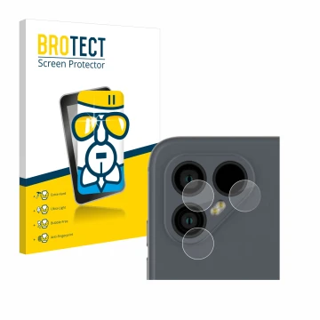 Front side of a product packaging with the brand logo BROTECT. Next to it is the device Fairphone 4 (ONLY Camera Lens) shown w