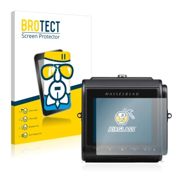 Front side of a product packaging with the brand logo BROTECT. Next to it is the device Hasselblad 907X 50C shown with the cor