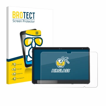 Front side of a product packaging with the brand logo BROTECT. Next to it is the device Fujitsu Stylistic Q7311 shown with the