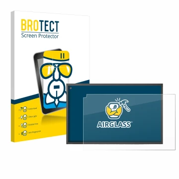 Front side of a product packaging with the brand logo BROTECT. Next to it is the device Amazon Echo Show 15 shown with the cor