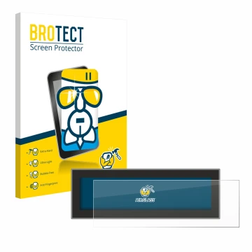 Front side of a product packaging with the brand logo BROTECT. Next to it is the device Porsche Taycan 2021 PCM 6.0 shown with