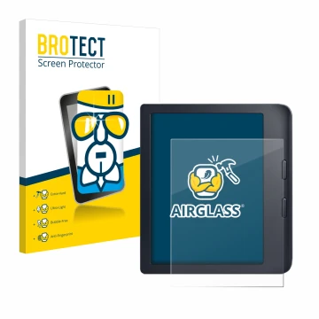Front side of a product packaging with the brand logo BROTECT. Next to it is the device Kobo Libra 2 shown with the correspond