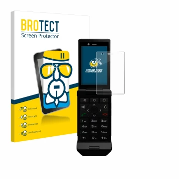 Front side of a product packaging with the brand logo BROTECT. Next to it is the device Caterpillar Cat S22 Flip shown with th