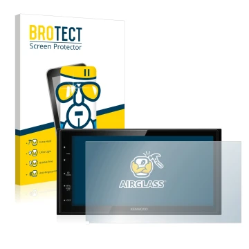 Front side of a product packaging with the brand logo BROTECT. Next to it is the device Kenwood DMX5020DABS shown with the cor