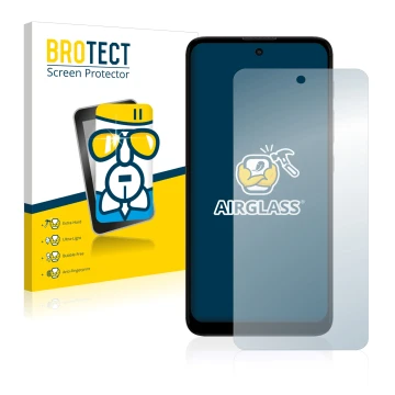 Front side of a product packaging with the brand logo BROTECT. Next to it is the device Motorola Moto E40 shown with the corre