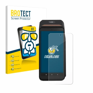 Front side of a product packaging with the brand logo BROTECT. Next to it is the device ingenico Axium DX8000 shown with the c