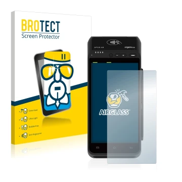 Front side of a product packaging with the brand logo BROTECT. Next to it is the device ingenico Apos A8 shown with the corres