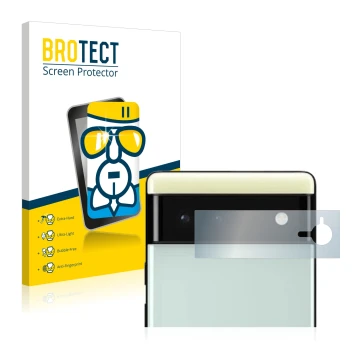 Front side of a product packaging with the brand logo BROTECT. Next to it is the device Google Pixel 6 (ONLY Camera Lens) show