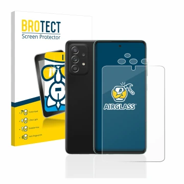 Front side of a product packaging with the brand logo BROTECT. Next to it is the device Samsung Galaxy A52s 5G (Front+Camera) 