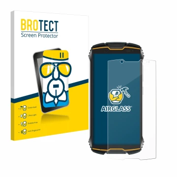 Front side of a product packaging with the brand logo BROTECT. Next to it is the device Cubot King Kong Mini 2 shown with the 