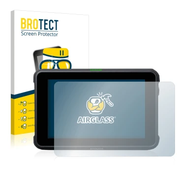 Front side of a product packaging with the brand logo BROTECT. Next to it is the device Atomos Shinobi 7 shown with the corres