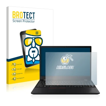 Front side of a product packaging with the brand logo BROTECT. Next to it is the device Lenovo ThinkPad T15 Gen 2 shown with t
