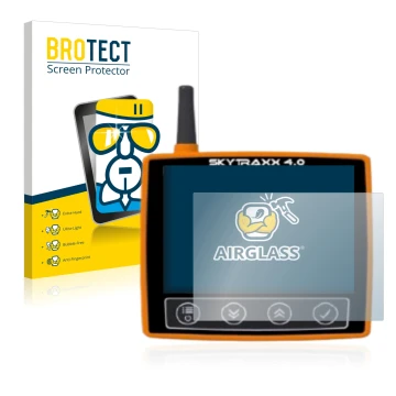 Front side of a product packaging with the brand logo BROTECT. Next to it is the device Skytraxx 4.0 shown with the correspond