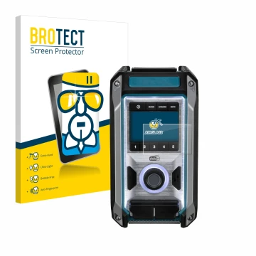 Front side of a product packaging with the brand logo BROTECT. Next to it is the device Makita DMR115 shown with the correspon