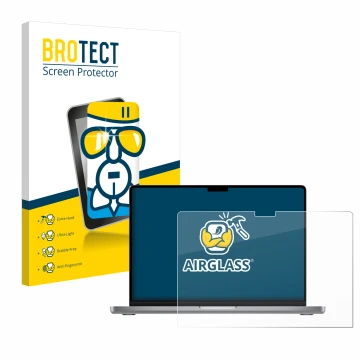 Front side of a product packaging with the brand logo BROTECT. Next to it is the device Apple MacBook Pro 14