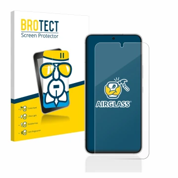 Front side of a product packaging with the brand logo BROTECT. Next to it is the device Samsung Galaxy S22 5G shown with the c