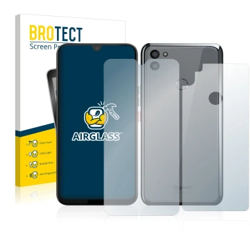Front side of a product packaging with the brand logo BROTECT. Next to it is the device Gigaset GS5 (Front+Back) shown with th