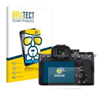Front side of a product packaging with the brand logo BROTECT. Next to it is the device Sony Alpha 7 IV shown with the corresp