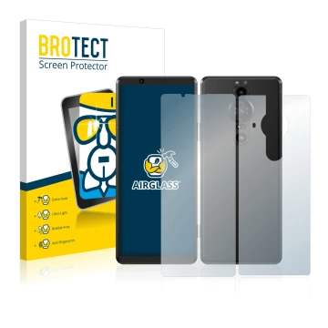 Front side of a product packaging with the brand logo BROTECT. Next to it is the device Sony Xperia Pro-I (Front+Back) shown w
