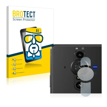 Front side of a product packaging with the brand logo BROTECT. Next to it is the device Sony Xperia Pro-I (ONLY Camera Lens) s