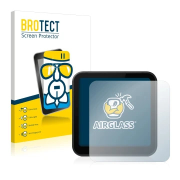 Front side of a product packaging with the brand logo BROTECT. Next to it is the device DJI Action 2 shown with the correspond