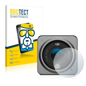 Front side of a product packaging with the brand logo BROTECT. Next to it is the device DJI Action 2 Lens (housing) shown with