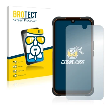 Front side of a product packaging with the brand logo BROTECT. Next to it is the device AGM Glory Pro shown with the correspon