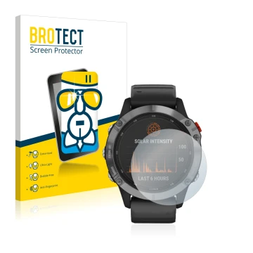 Front side of a product packaging with the brand logo BROTECT. Next to it is the device Garmin Fenix 6 Solar shown with the co