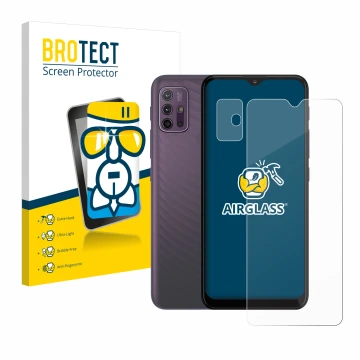 Front side of a product packaging with the brand logo BROTECT. Next to it is the device Motorola Moto G10 (Front+Camera) shown