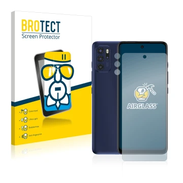 Front side of a product packaging with the brand logo BROTECT. Next to it is the device Motorola Moto G60S (Front+Camera) show