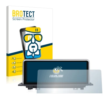 Front side of a product packaging with the brand logo BROTECT. Next to it is the device Dynavin BMW X1 F48, F49 (+2015) NBT sh