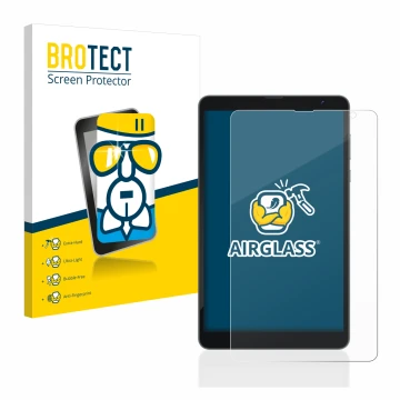 Front side of a product packaging with the brand logo BROTECT. Next to it is the device Blackview Tab 6 shown with the corresp