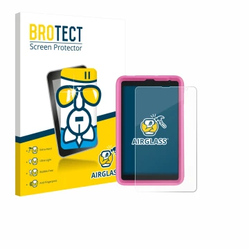 Front side of a product packaging with the brand logo BROTECT. Next to it is the device Blackview Tab 6 Kids shown with the co