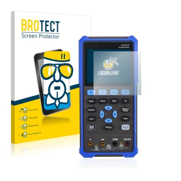 Front side of a product packaging with the brand logo BROTECT. Next to it is the device Owon HDS 200 Series shown with the cor