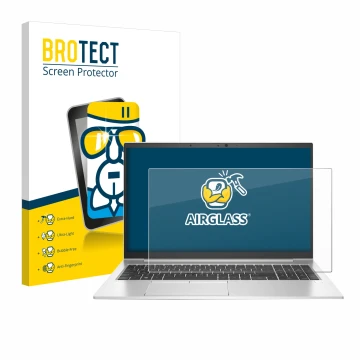 Front side of a product packaging with the brand logo BROTECT. Next to it is the device HP EliteBook 850 G7 shown with the cor
