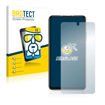 Front side of a product packaging with the brand logo BROTECT. Next to it is the device Xiaomi Poco M4 Pro 5G shown with the c