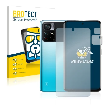 Front side of a product packaging with the brand logo BROTECT. Next to it is the device Xiaomi Poco M4 Pro 5G (Front+Camera) s