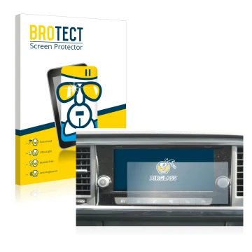 Front side of a product packaging with the brand logo BROTECT. Next to it is the device Seat Ateca 2021 Media System 8.25
