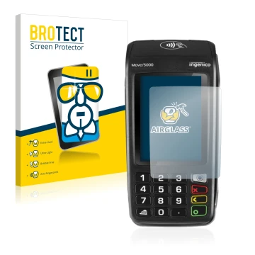 Front side of a product packaging with the brand logo BROTECT. Next to it is the device ingenico Move 5000 shown with the corr
