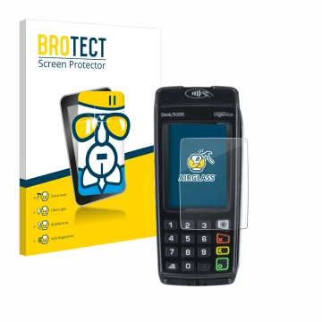 Front side of a product packaging with the brand logo BROTECT. Next to it is the device ingenico Desk/5000 shown with the corr