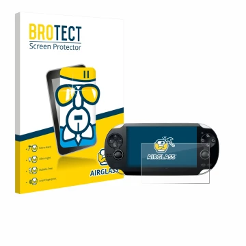 Front side of a product packaging with the brand logo BROTECT. Next to it is the device Sony Playstation PS Vita shown with th