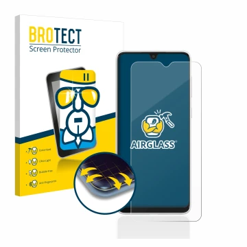 Front side of a product packaging with the brand logo BROTECT. Next to it is the device Samsung Galaxy A03 shown with the corr