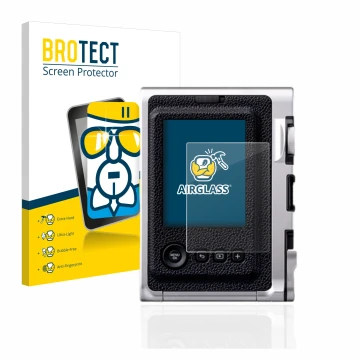 Front side of a product packaging with the brand logo BROTECT. Next to it is the device Fujifilm Instax Mini Evo shown with th